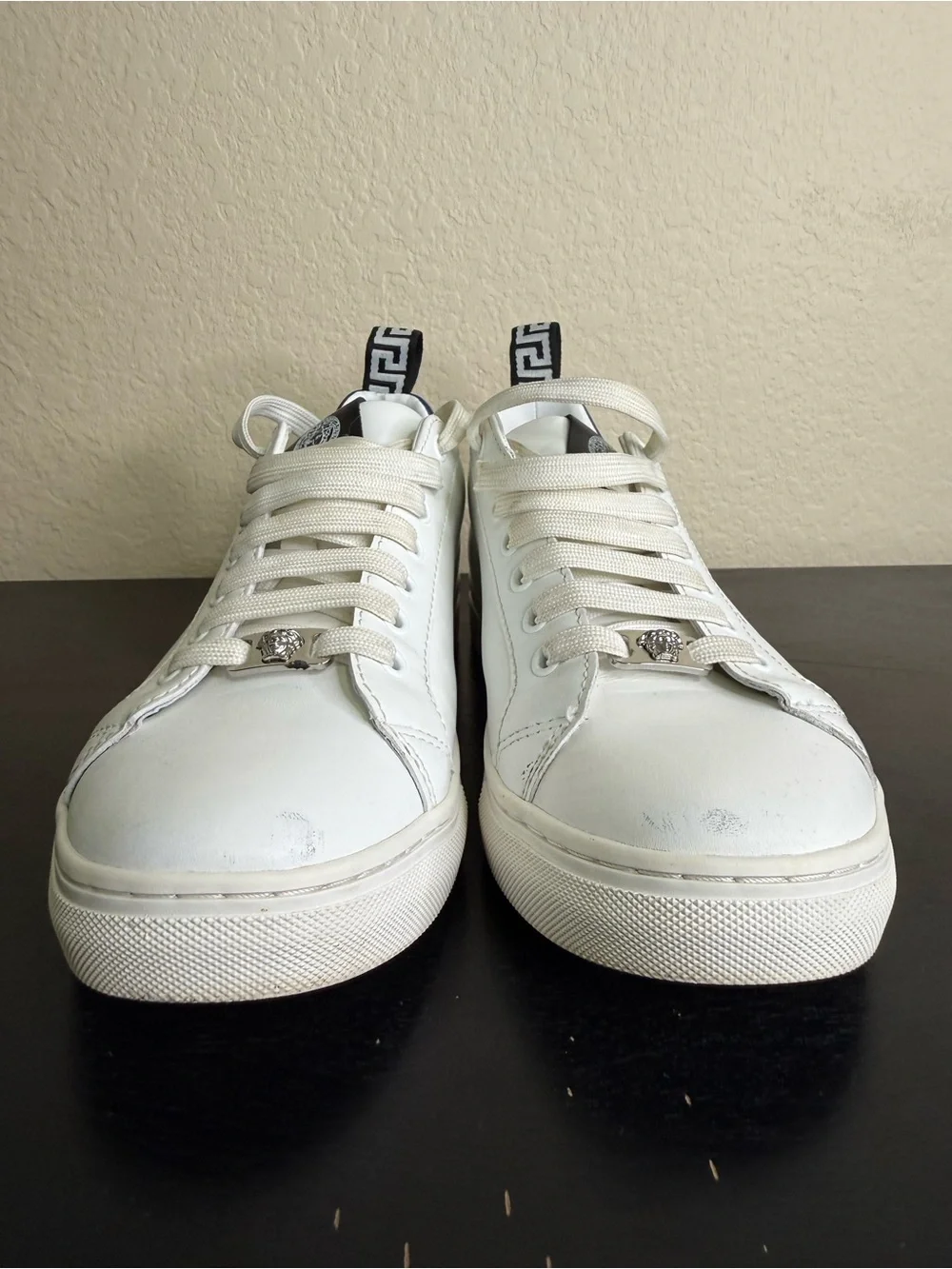 Versace Men's 100% Leather White Logo Print Fashion Sneakers Shoes